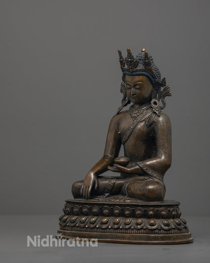 Side angle showing finely carved monk’s robe on handcrafted Crowned Shakyamuni Buddha