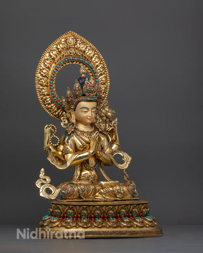 Side angle showing intricate carvings and flowing robe on premium Chenrezig statue