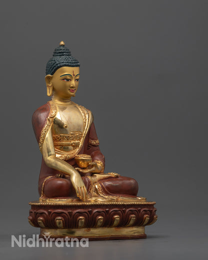 Side angle showing partially gold fire-gilded copper body and carved robe of Buddha