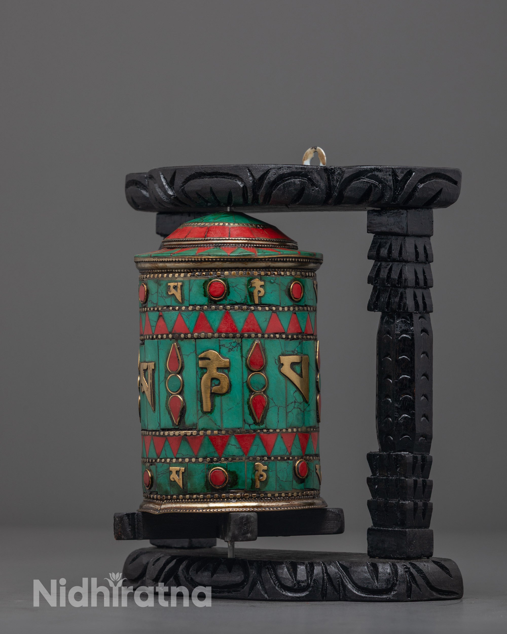 Side angle that reveals the dark wood frame and wheel mechanism, emphasizing the sturdy craftsmanship 