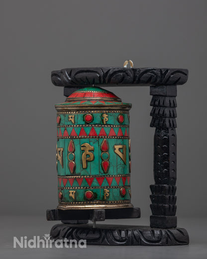 Side angle that reveals the dark wood frame and wheel mechanism, emphasizing the sturdy craftsmanship 