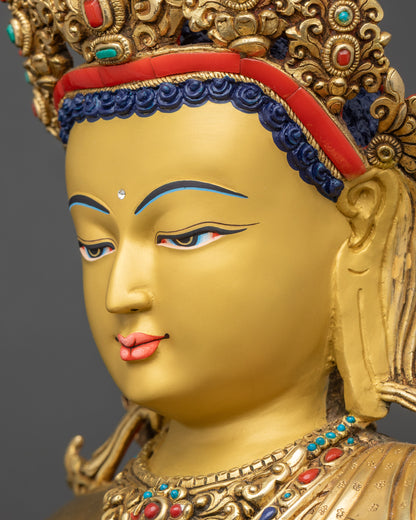 Side close-up of Mitrugpa Buddha’s face emphasizing serene expression and gilded features.