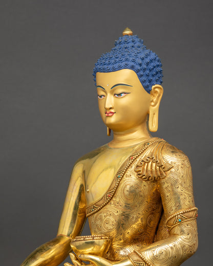 Side close-up of Shakyamuni Buddha showing intricate floral robe carvings