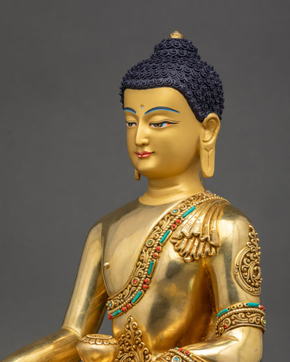 Side view of Buddha statue showing 3D carved kāṣāya robe and floral details