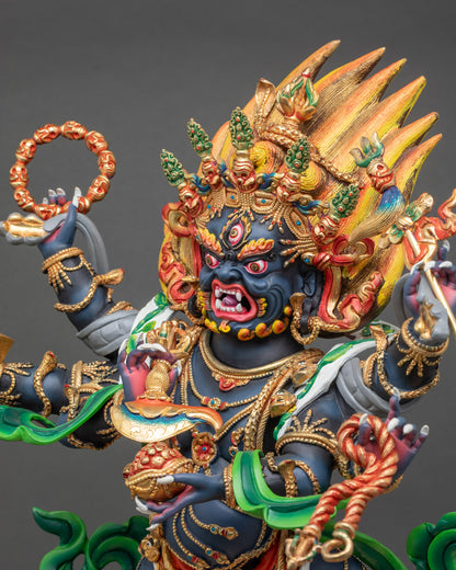 Side close-up of Six-Armed Mahakala Statue highlighting intricate lost-wax copper carvings