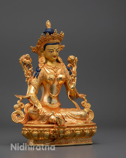 Side close-up showing detailed craftsmanship and radiant gold finish on Green Tara Statue