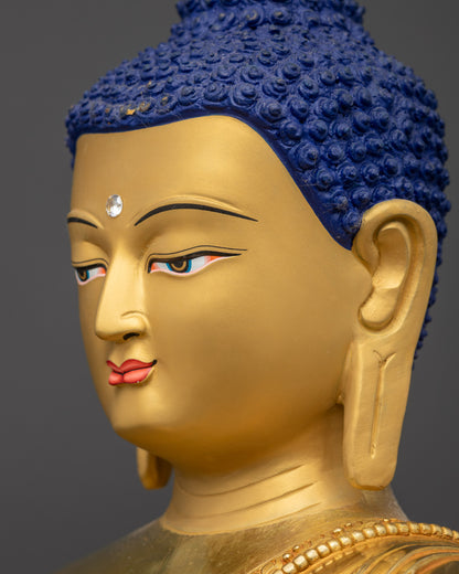 Side close up face of Shakyamuni Buddha Statue with calm expression and detailed carvings