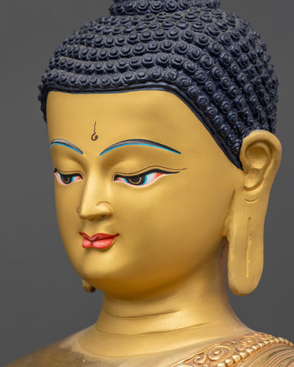 Side close up face of Shakyamuni Buddha with calm expression and golden details

