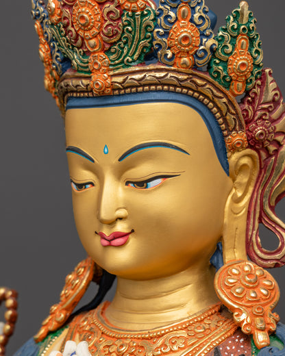 Side close up face of White-Hued Chenrezig Bodhisattva sculpture with serene expression
