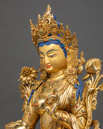 Side close up of Green Tara statue handcrafted gold-gilded copper sculpture
