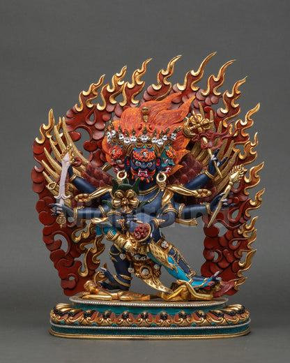 Side close up of Hayagriva statue highlighting lotus seat and blazing halo