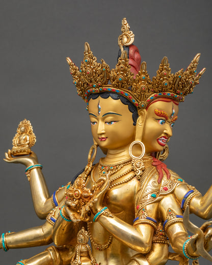 Side close up of Namgyalma statue showing intricate copper carvings, ritual ornaments, and radiant gold fire-gilded layers