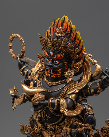 Side close up of gold-plated robe, tiger-skin garments, and intricate patterns
