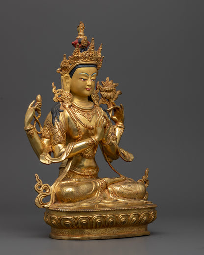 Side detail of Four-Armed Chenrezig statue seated on lotus throne, Tibetan Buddhist sculpture