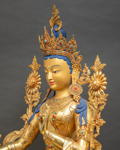 Side detail of Green Tara Bodhisattva, lotus pedestal, intricate carvings