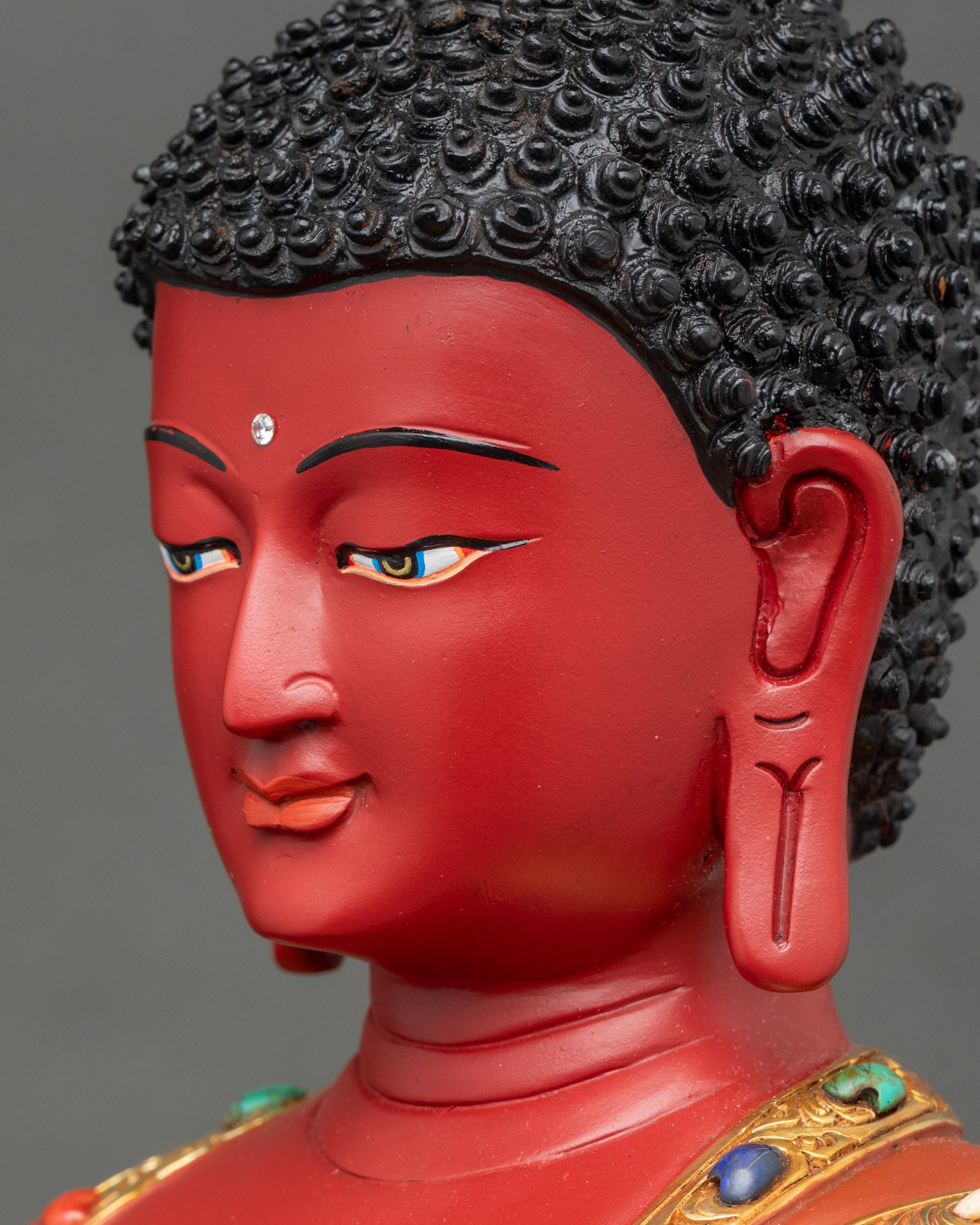 Side face close-up of Amitabha Buddha, detailed Nepalese craftsmanship in meditation pose