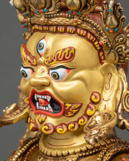 Side face close-up of Black Dzambhala, semi-precious stone adornments, and Wrathflame halo