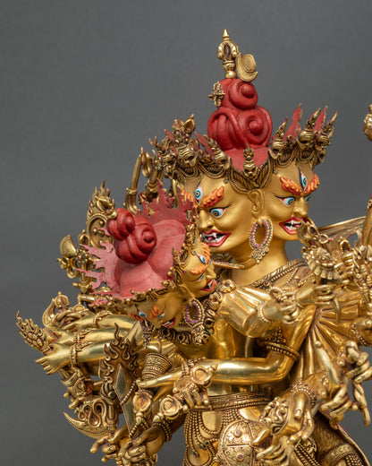 Side face close-up of Kalachakra Statue, showing intricate gold and copper work