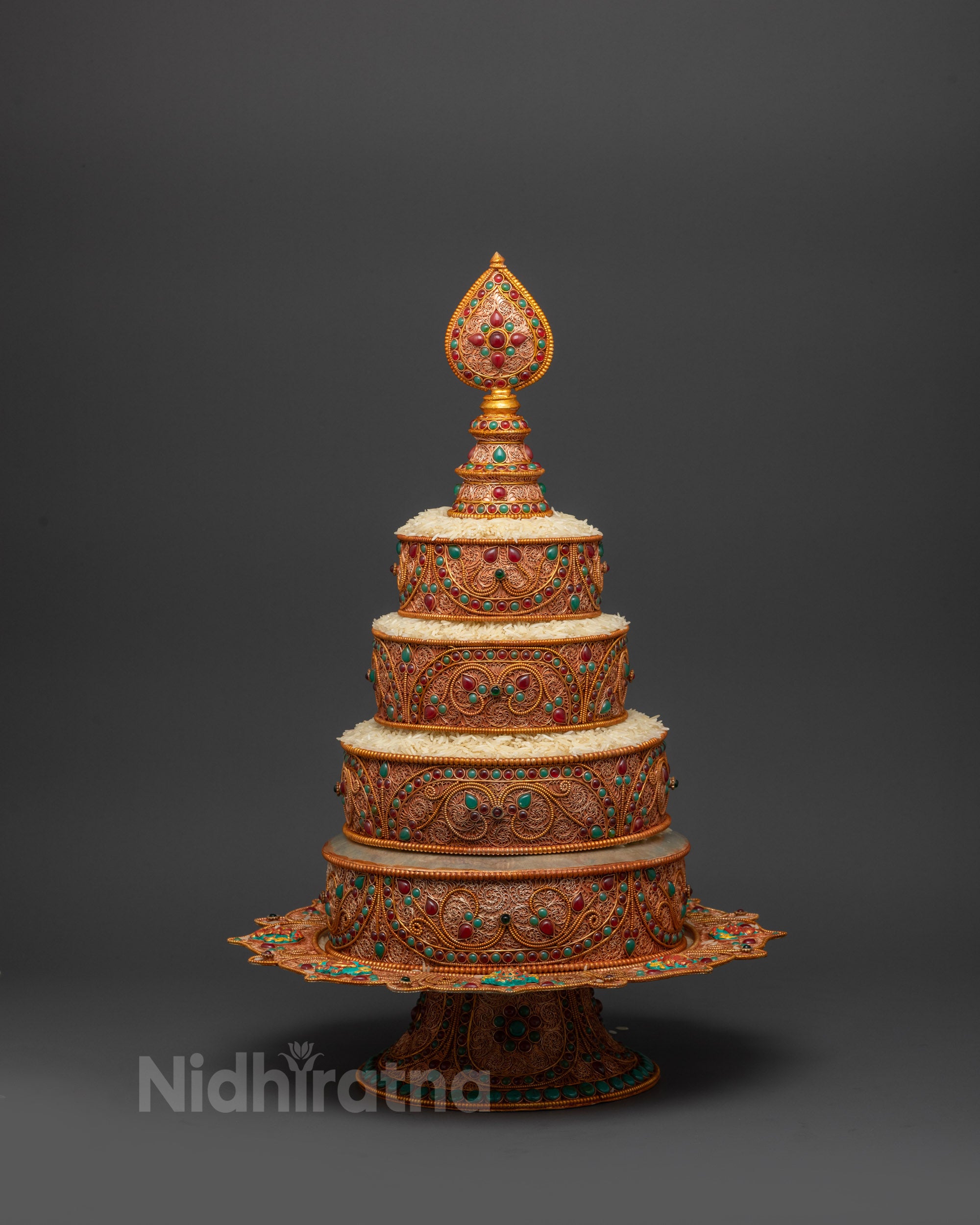 Side profile of 8" Tibetan Ratna Mandala revealing layered copper structure and gemstone accents
