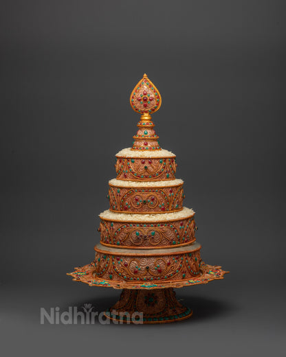 Side profile of 8" Tibetan Ratna Mandala revealing layered copper structure and gemstone accents