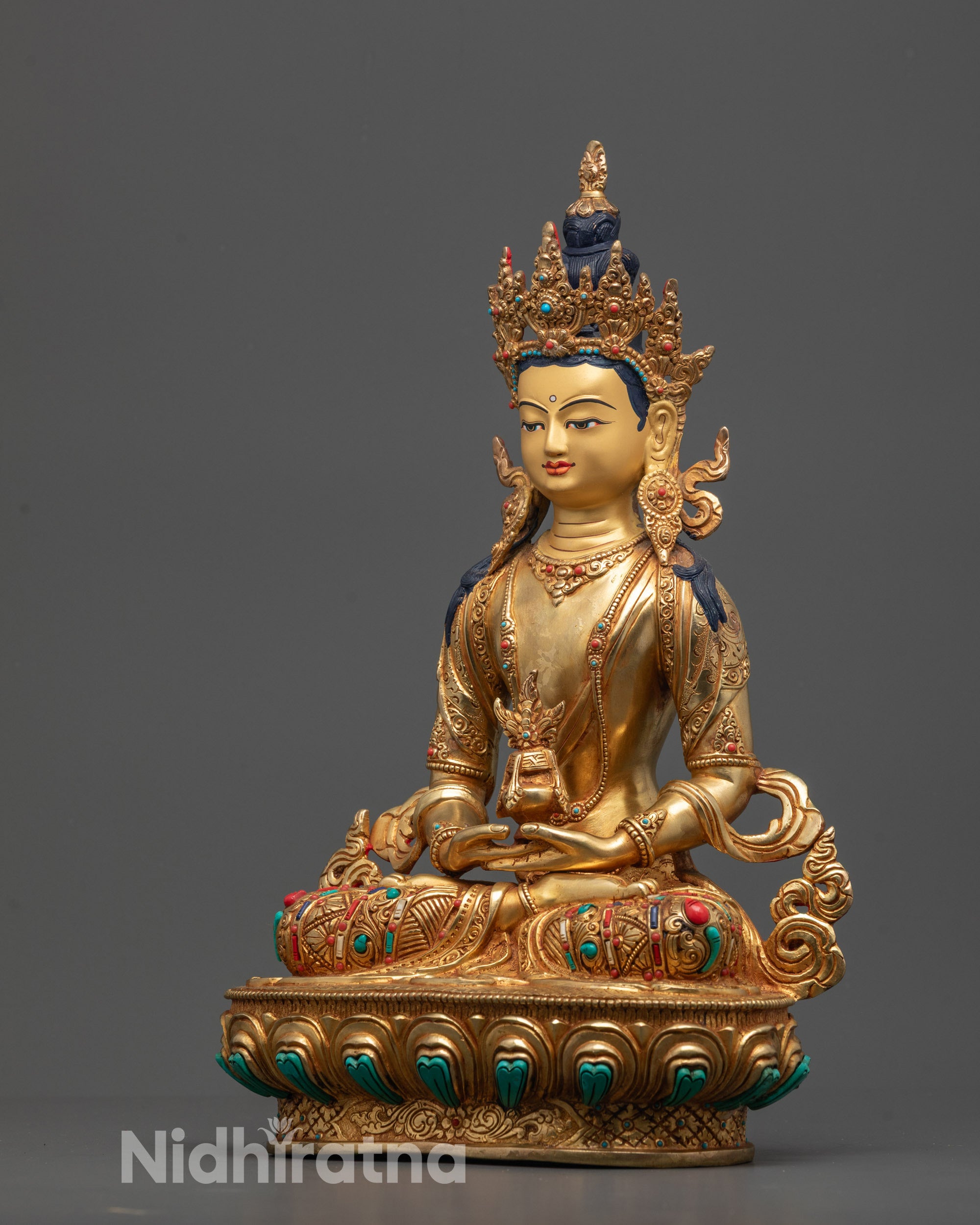 Side profile of Amitayus Statue highlighting hand-carved lotus seat, ornate robes