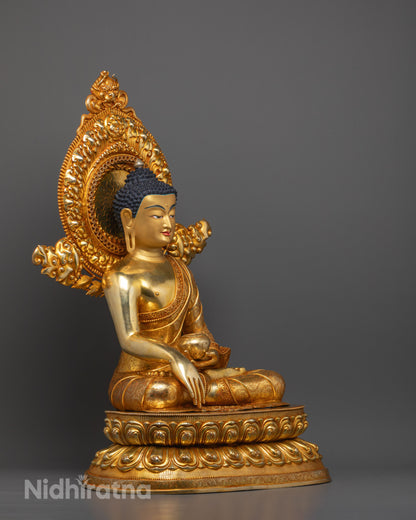 Side profile of Gold Gilded copper Shakyamuni Buddha Statue showing detailed robe folds