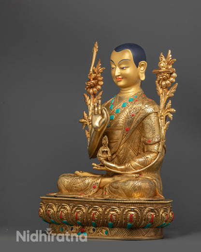Side profile of Je Tsongkhapa Statue highlighting the golden 24k fire gilding