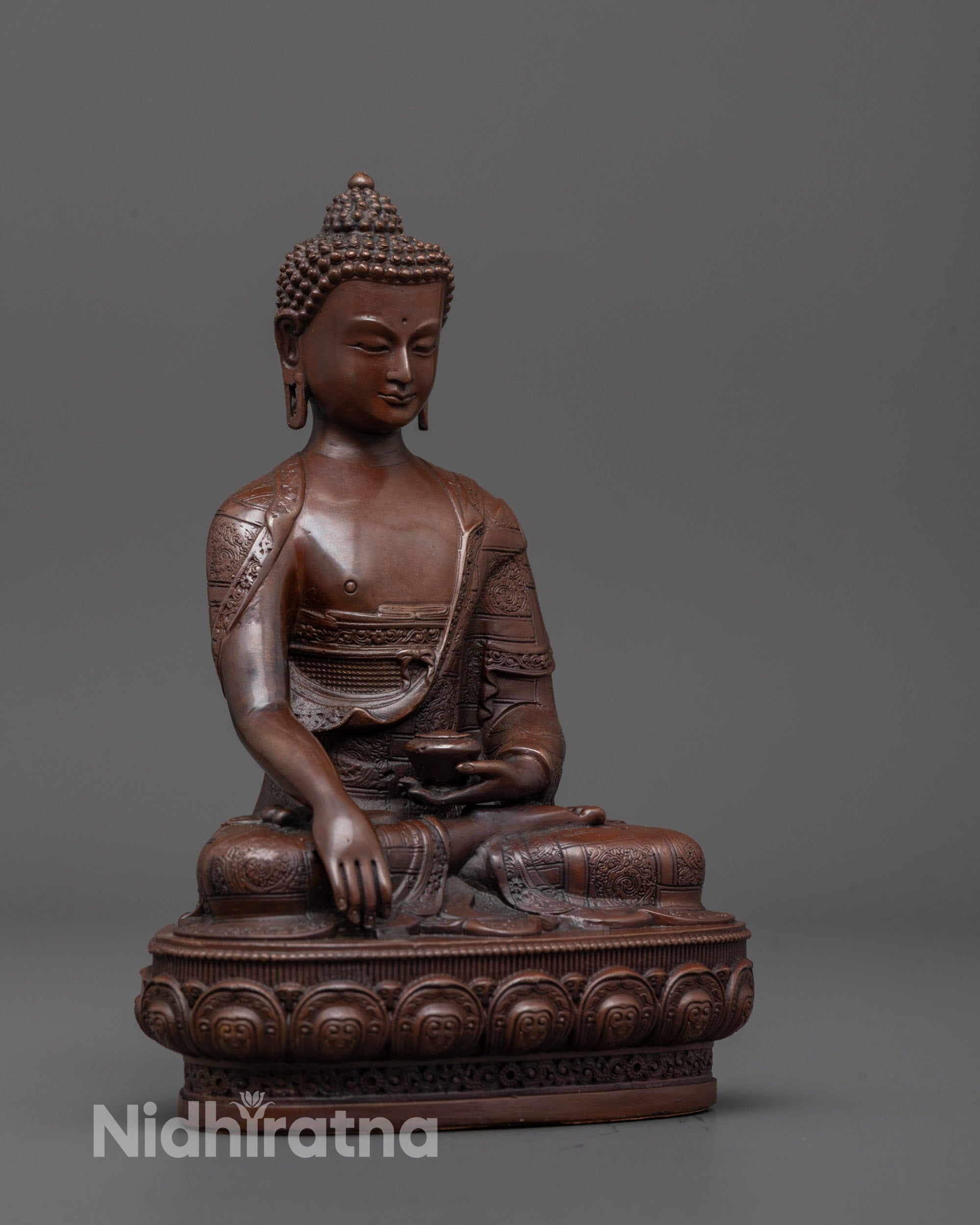 Side profile of machine-made Shakyamuni Buddha Sculpture showcasing fine detailing