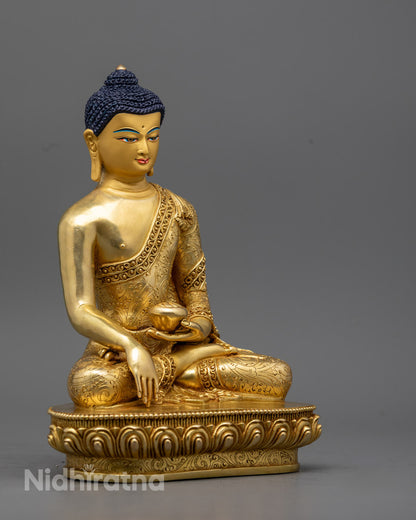 Meditation Buddha statue showing Dhyana mudra hand position and intricately carved lotus flower base