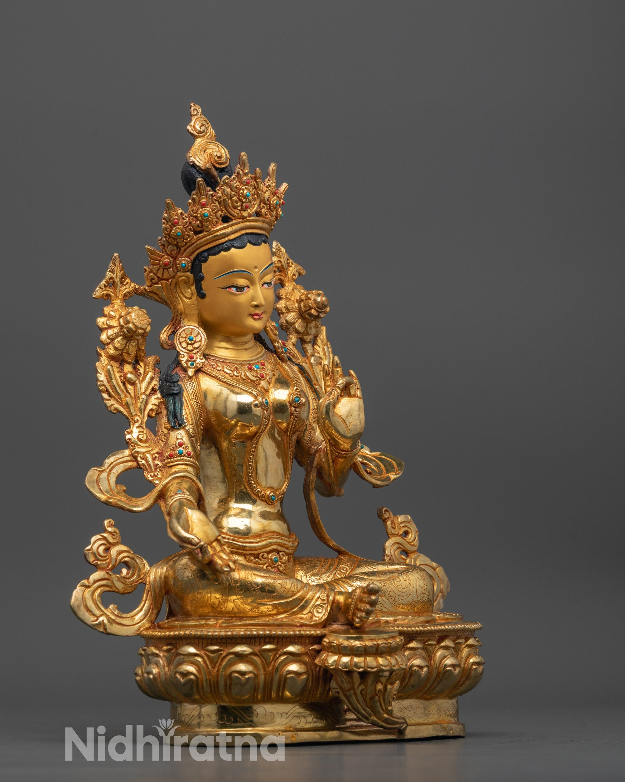Side profile of premium Green Tara Sculpture showing detailed craftsmanship