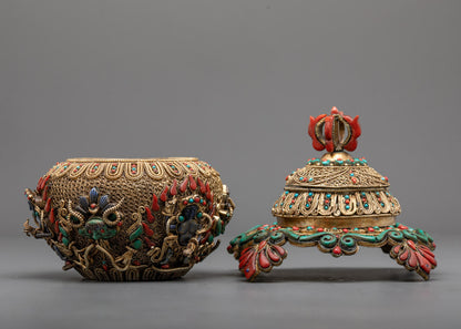Side profile of ritual rice bowl highlighting curved copper body and detailed carvings