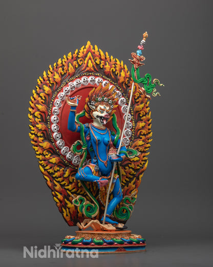 Side profile of the Blue Simha Mukha Sculpture showing intricate detailing on the skull-adorned halo