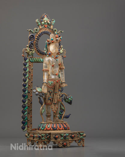 Lokeshwor statue highlighting lotus posture, flowing robes, and multicolored acrylic-painted embellishments.