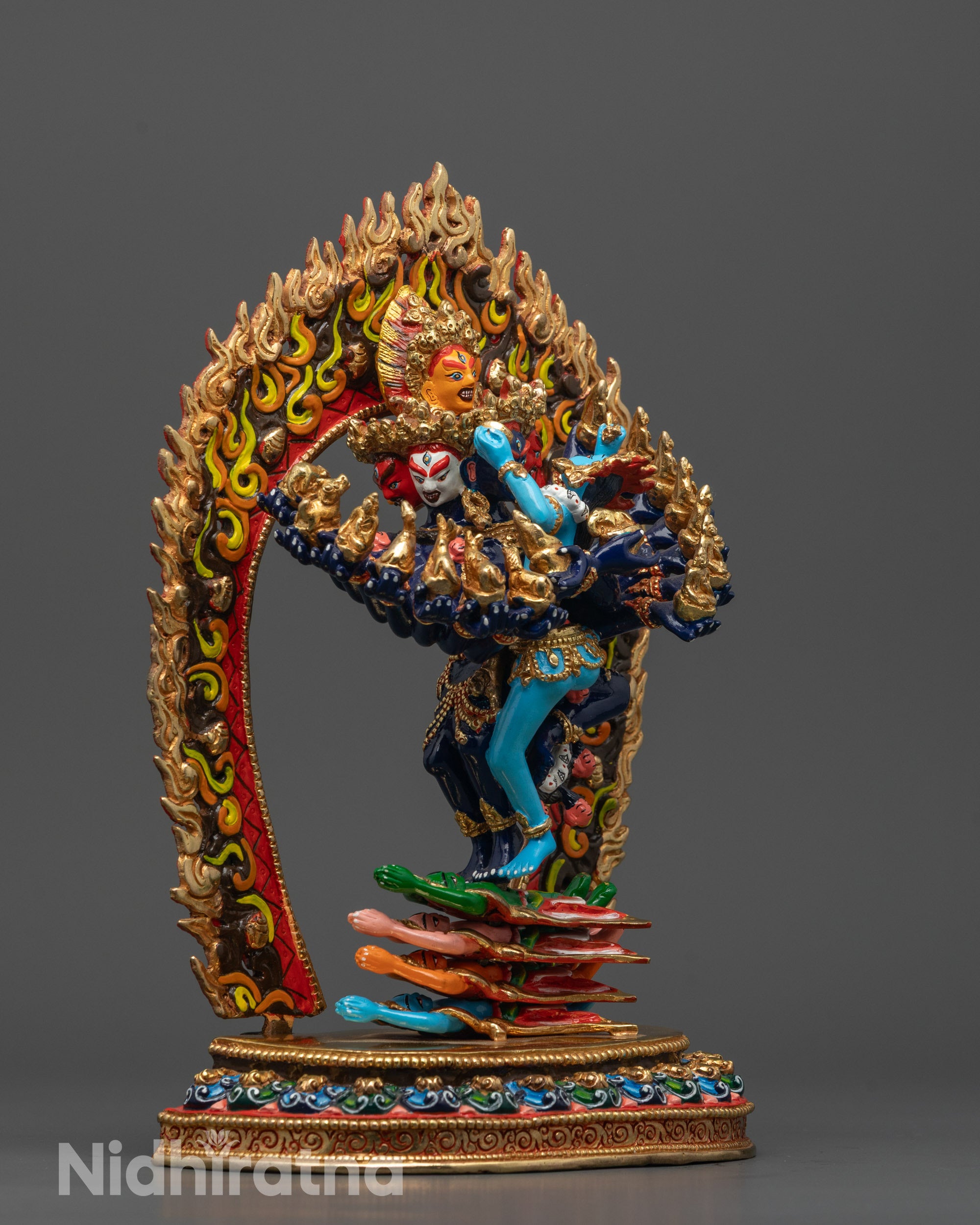 Side profile of the intricately detailed Hevajra Statue standing on lotus base