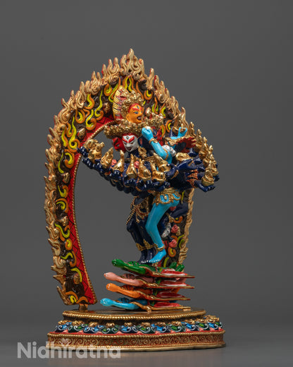 Side profile of the intricately detailed Hevajra Statue standing on lotus base