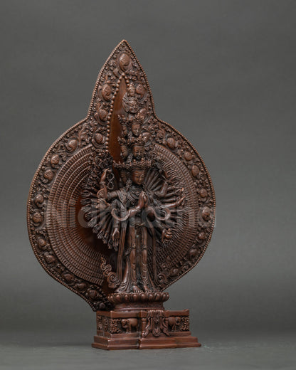 Side view 1000-Armed Avalokiteshvara statue lotus throne elephant motifs Nepalese