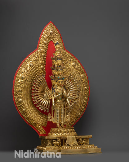 Side view 1000-Armed Chenrezig showing carved arms, patterns, and halo motifs
