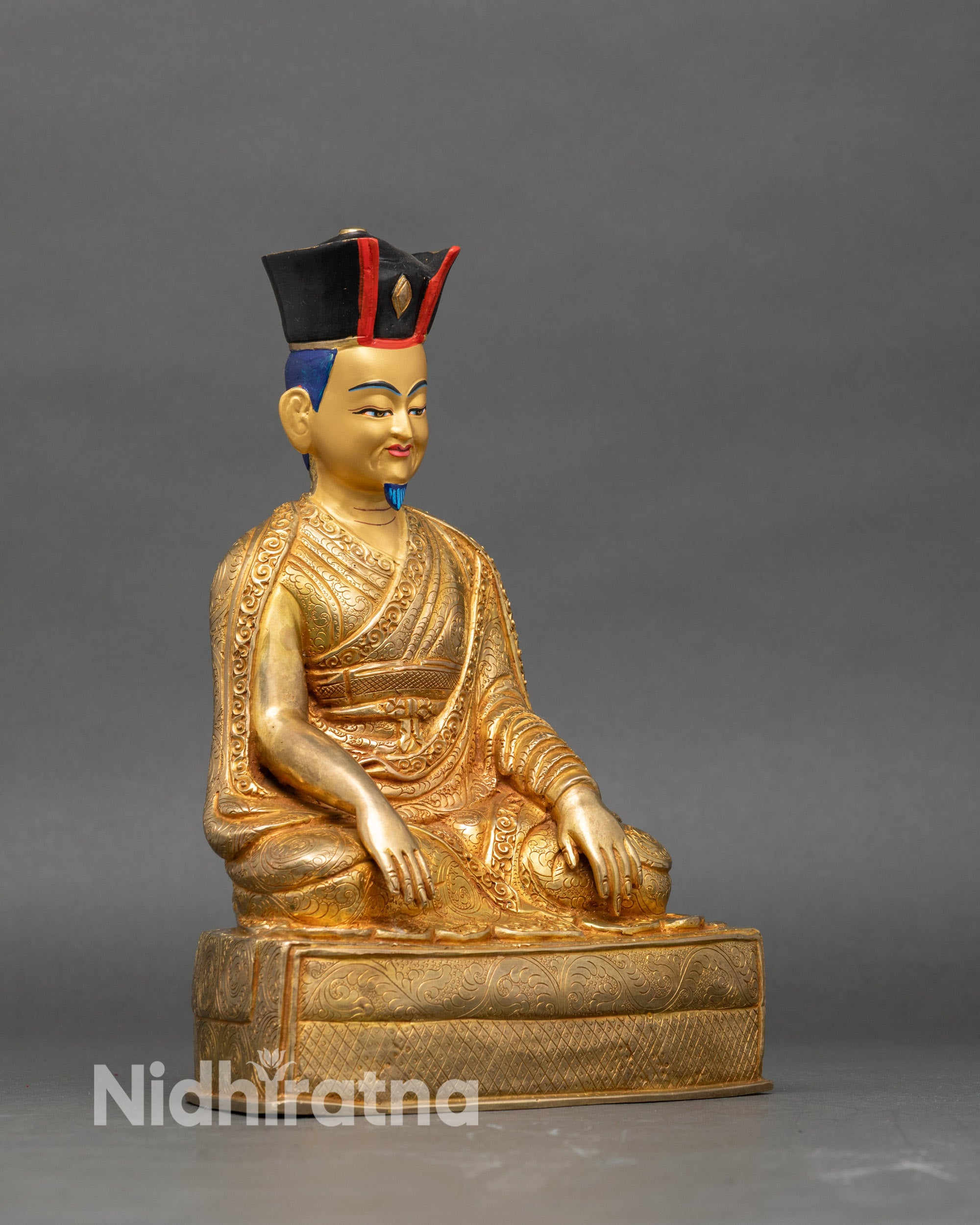 Side view 2nd Karmapa Karma Pakshi Buddhist statue earth touching mudra gold gilded