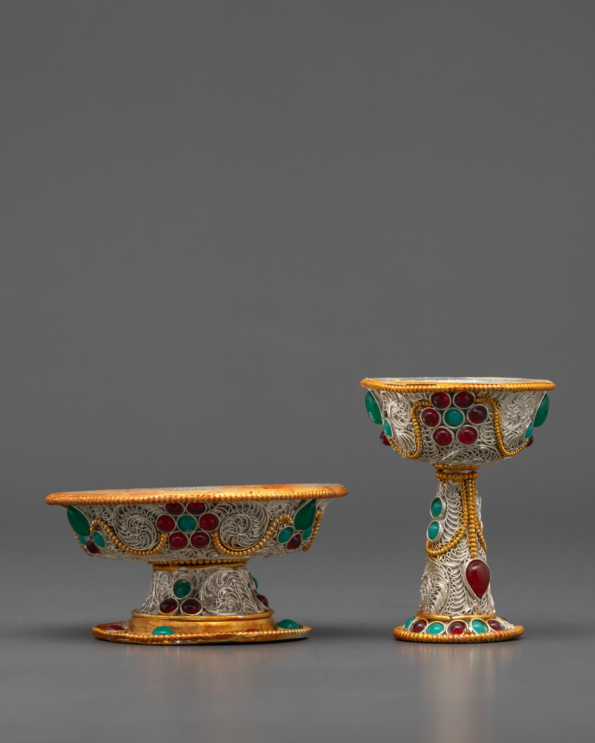 Side view 3-inch Tibetan Serkyem Bowl highlighting copper base and emerald ruby accents