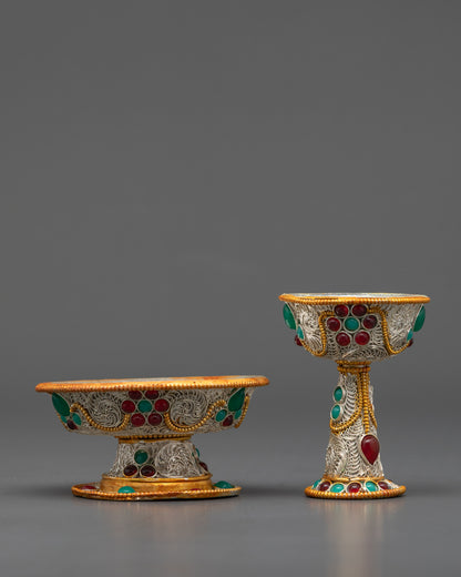 Side view 3-inch Tibetan Serkyem Bowl highlighting copper base and emerald ruby accents