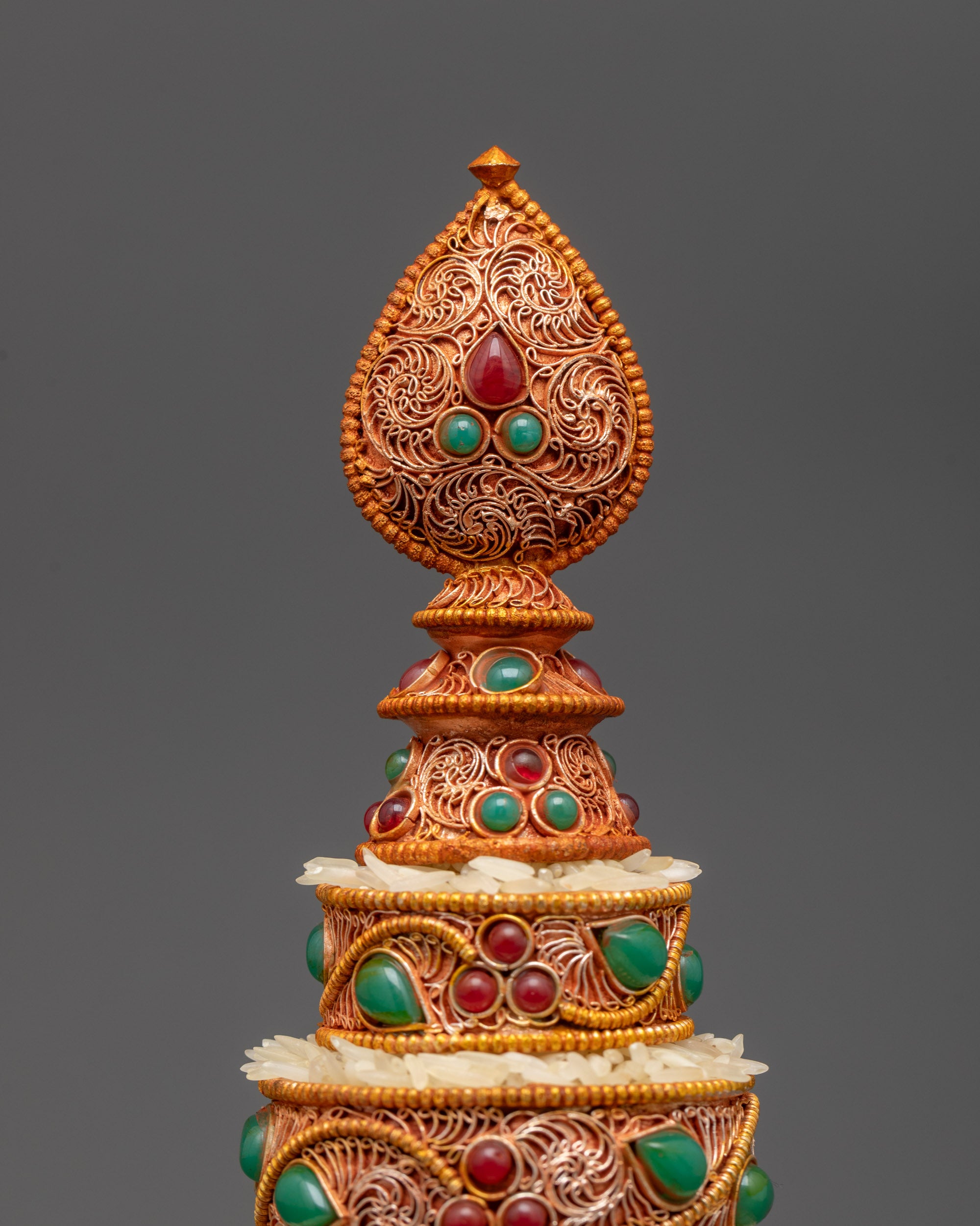 Side view 3" Tibetan Copper Mandala with intricate floral filigree and stone inlays
