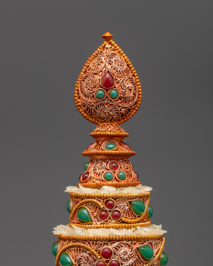 Side view 3" Tibetan Copper Mandala with intricate floral filigree and stone inlays
