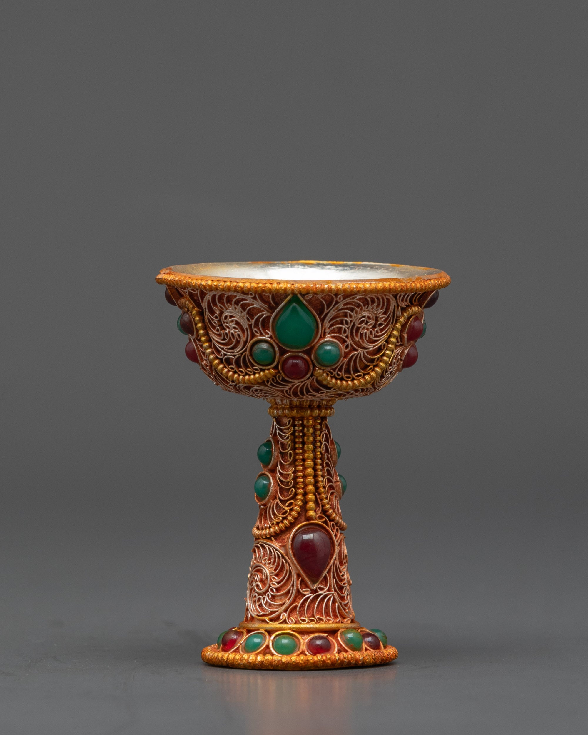 Side view 5" Tibetan Serkyem Ritual Bowl copper and gold-plated filigree work
