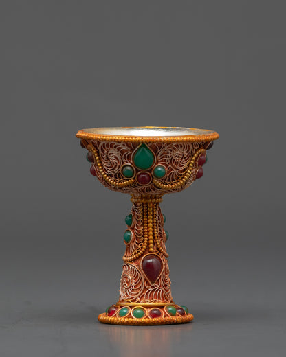 Side view 5" Tibetan Serkyem Ritual Bowl copper and gold-plated filigree work
