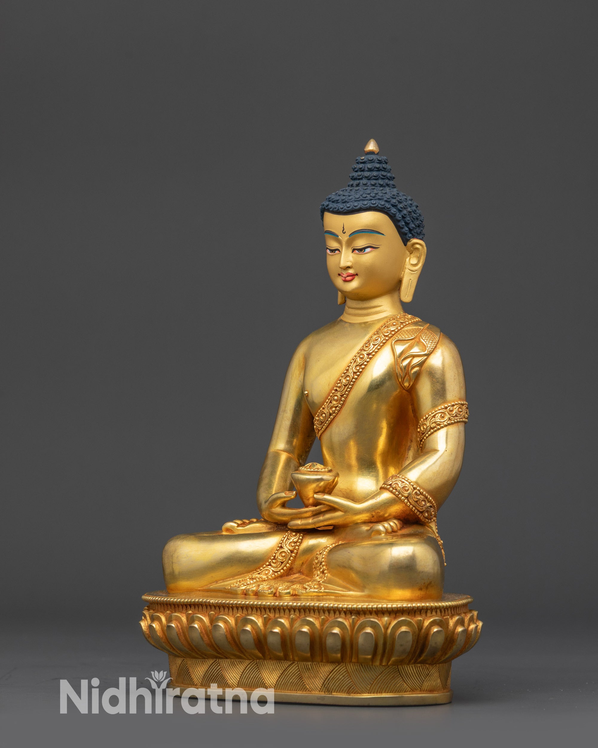 Side view 8" Amitabha Buddha statue with lotus seat and intricately patterned monk’s robe