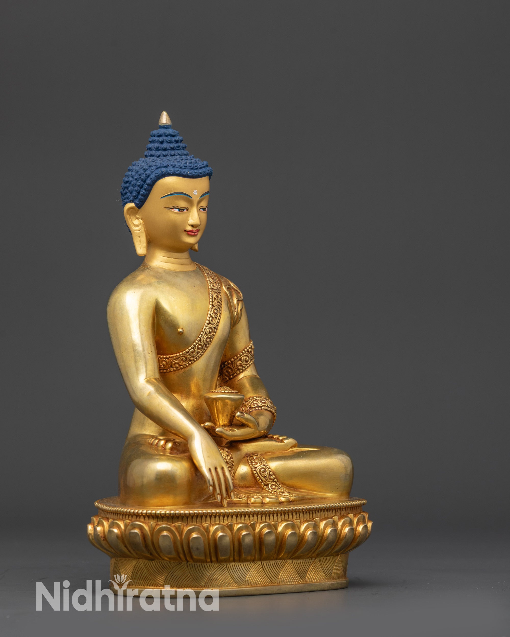 Side view 8" Shakyamuni Buddha statue showing lotus seat and detailed garment patterns