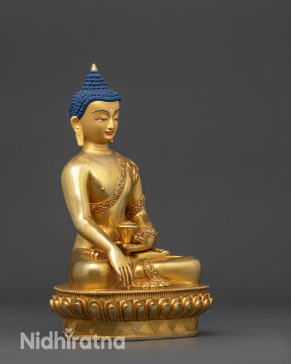 Side view 8" Shakyamuni Buddha statue showing lotus seat and detailed garment patterns