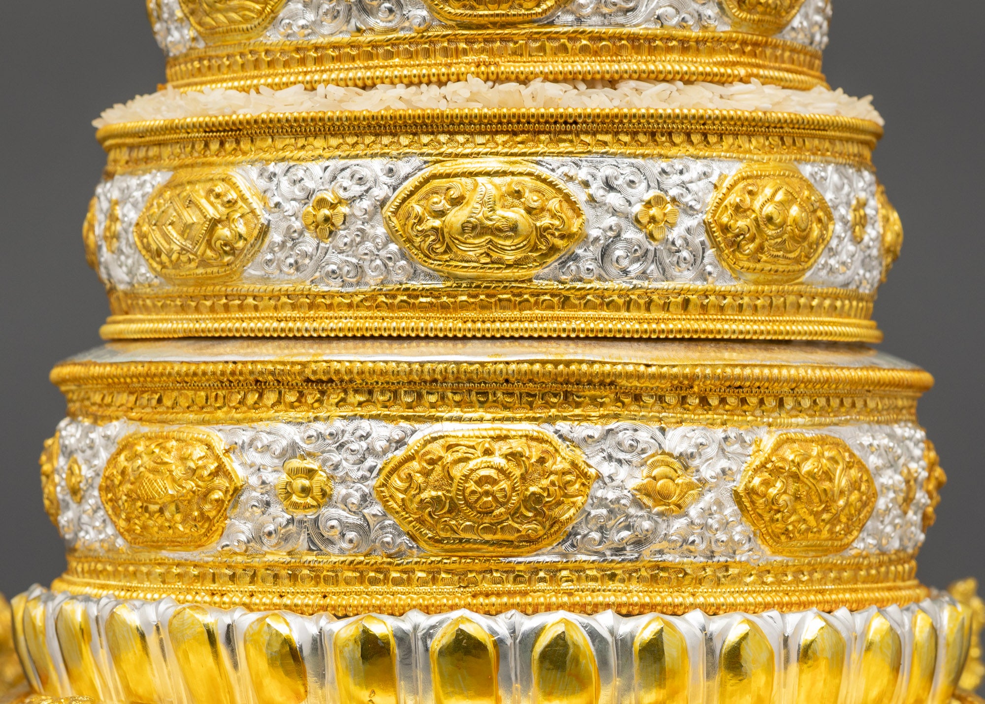 Side view 8" Tibetan Mandala Set showing handcrafted copper and gold-plated detailing