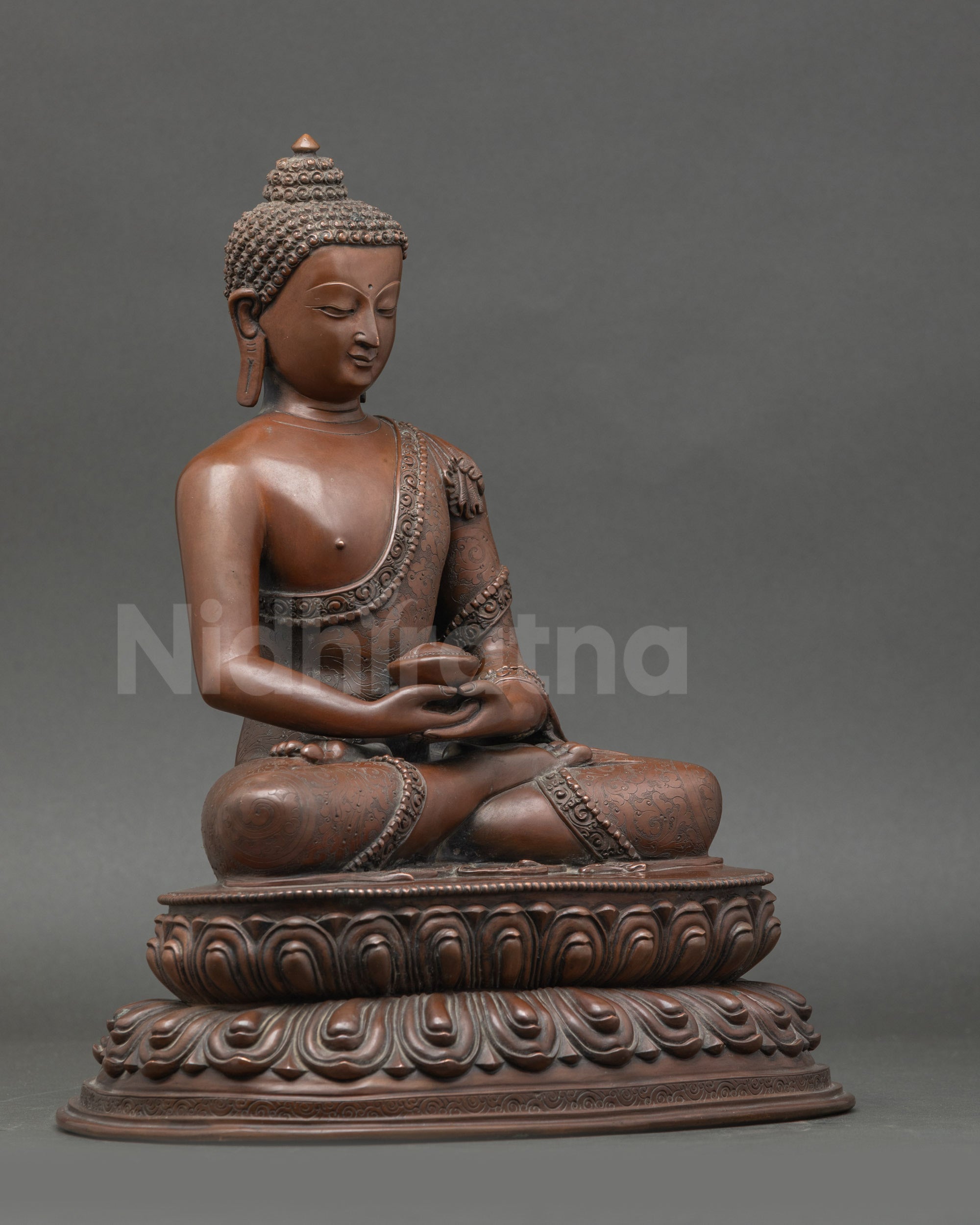 Side view Amida Nyorai Buddha | Chemically oxidized Nepalese copper statue on double lotus