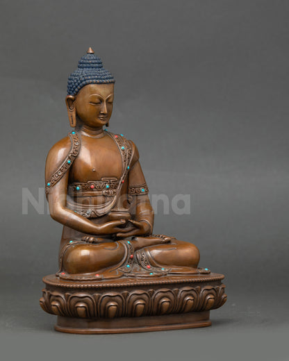 Side view Amida Nyorai Buddha | Chemically oxidized copper with lotus seat detail